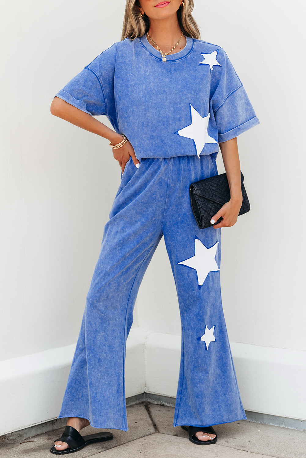Blue Acid Wash Star Patched Rolled Trim Pants Set