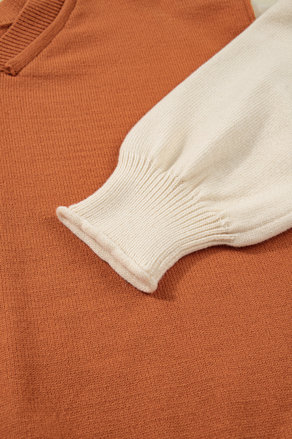 Desert Gold Colorblock Raw Edge Bubble Sleeve V-Neck Sweater