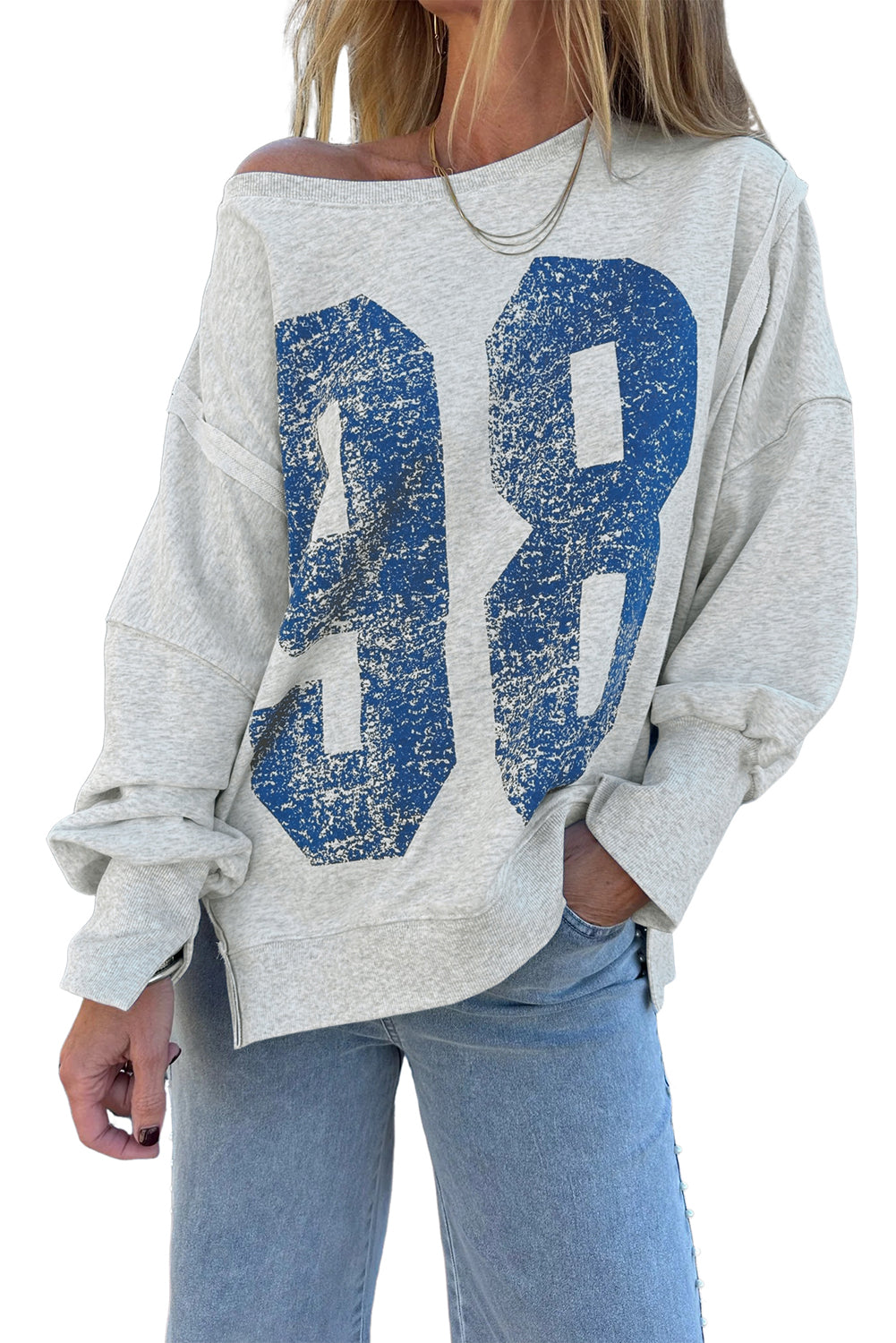 Light Grey Faded Varsity Print Loose Pullover Top