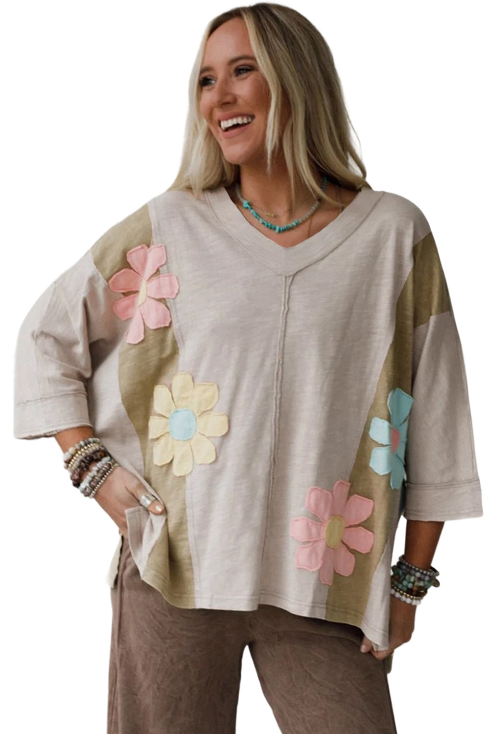 Flower Patched Exposed Seam 3/4 Sleeve Top