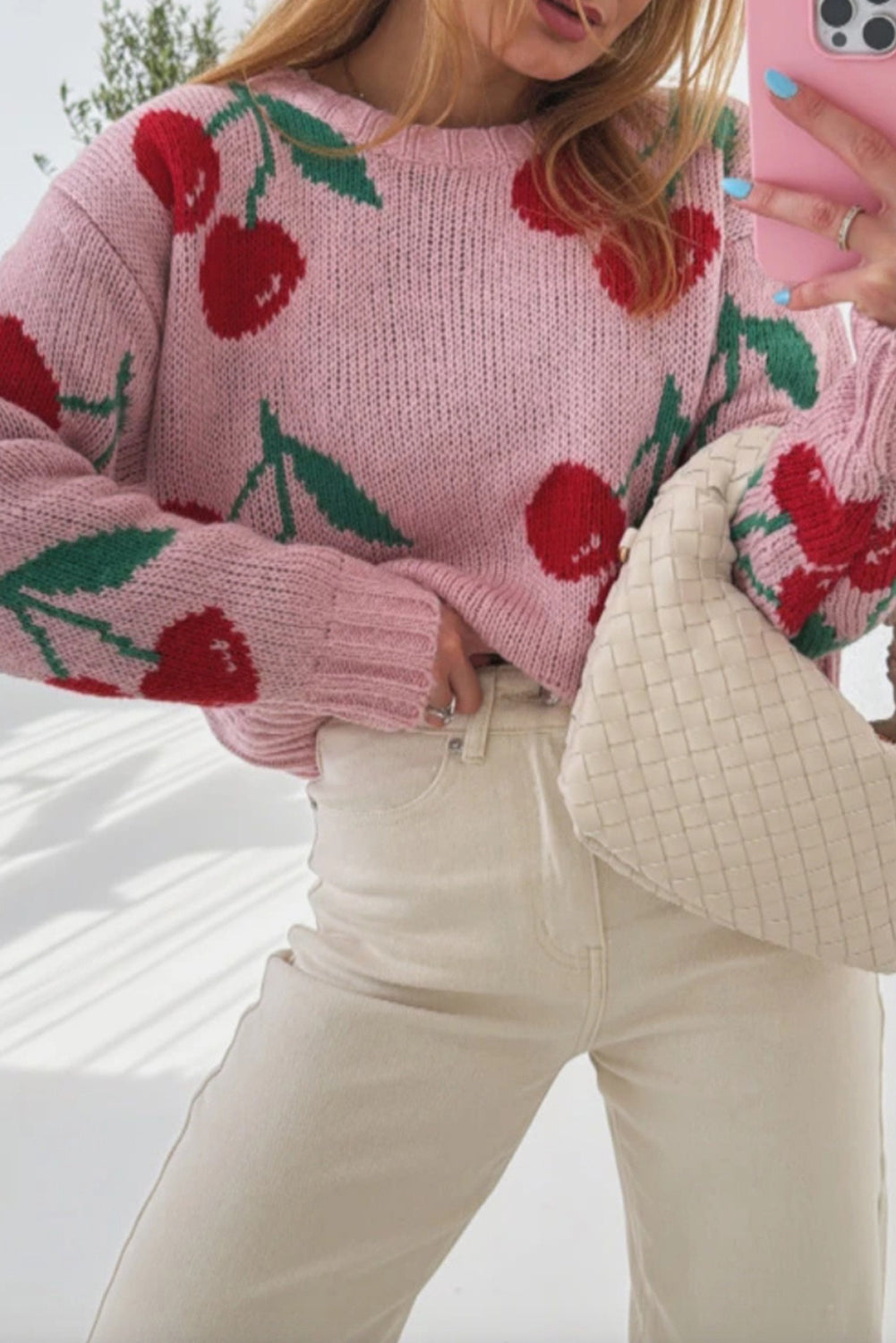 Cherry Print Round Neck Knit Sweater