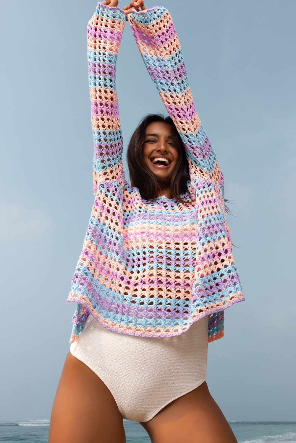 Rainbow Stripe Hollow Knit Long Sleeve Beach Cover-Up