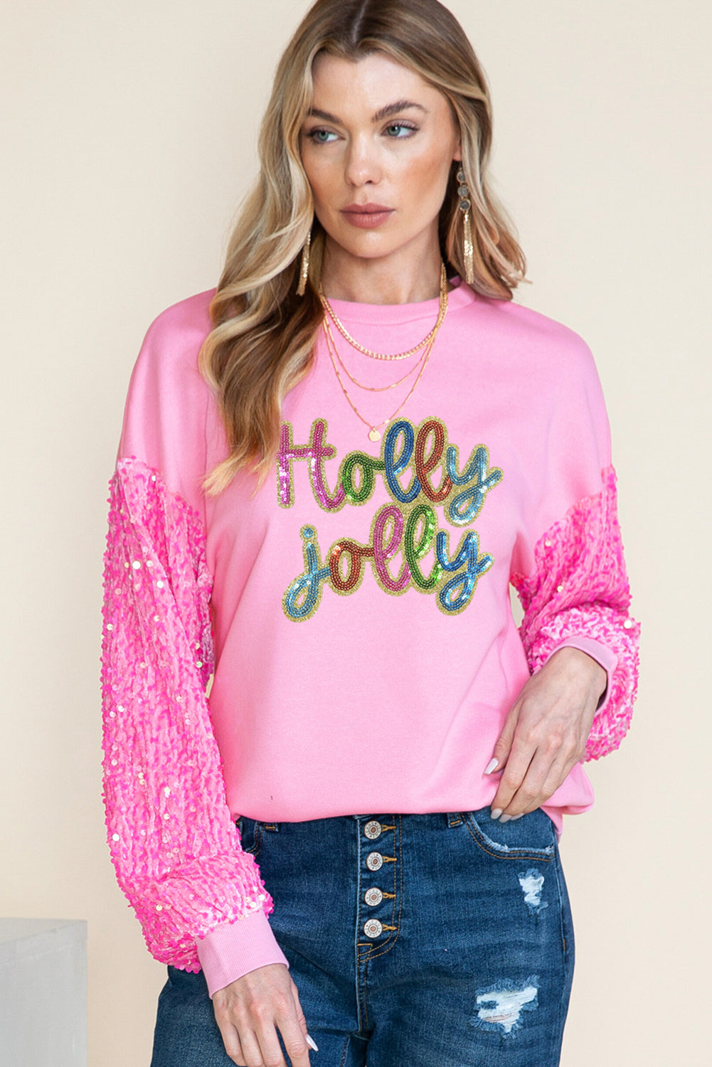 Pink Holly Jolly Sequins Patch Drop Shoulder Patchwork Long Sleeve Top