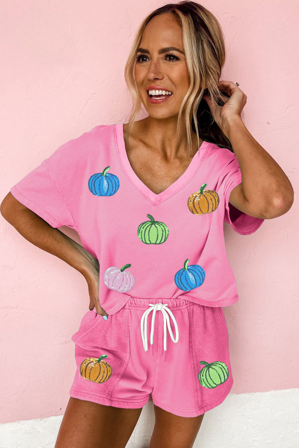 Pink Sequin Halloween Pumpkin Pattern V-Neck Tee and Drawstring Shorts Set