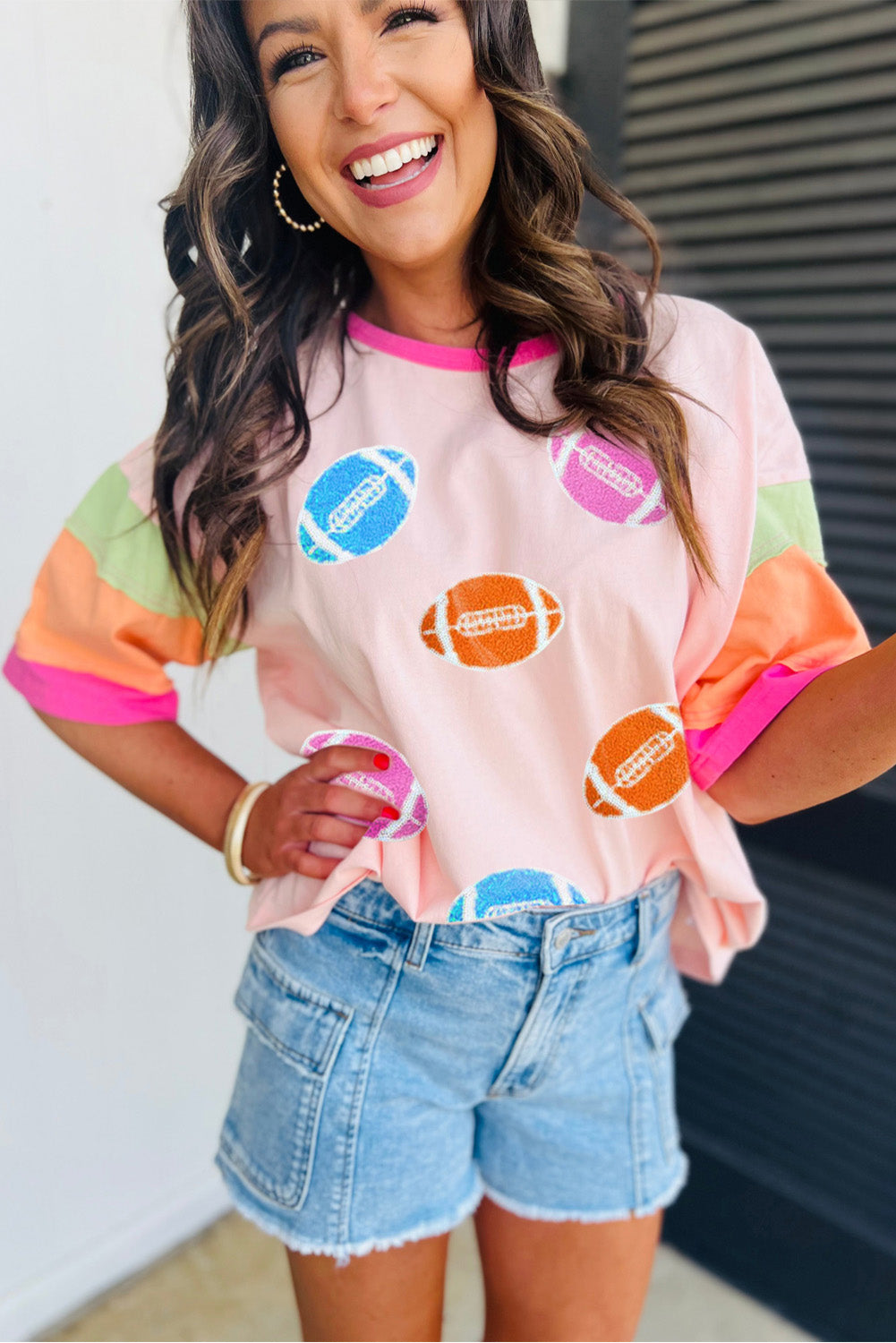 Pink Football Chenille Embroidered Color Block Half Sleeve T-Shirt