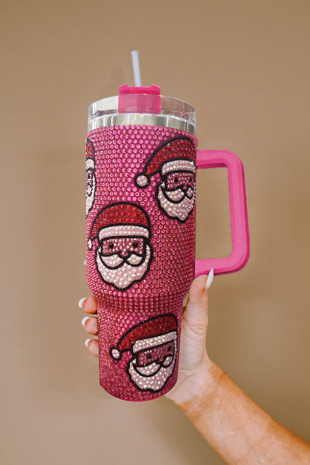 Pink Christmas Santa Claus Diamond 40oz Tumbler Cup with Straw