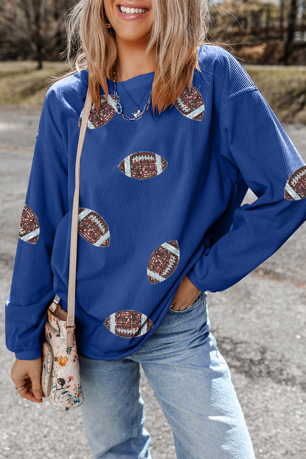 Dark Blue Ribbed Texture Sequin Football Patched Baggy Sweatshirt