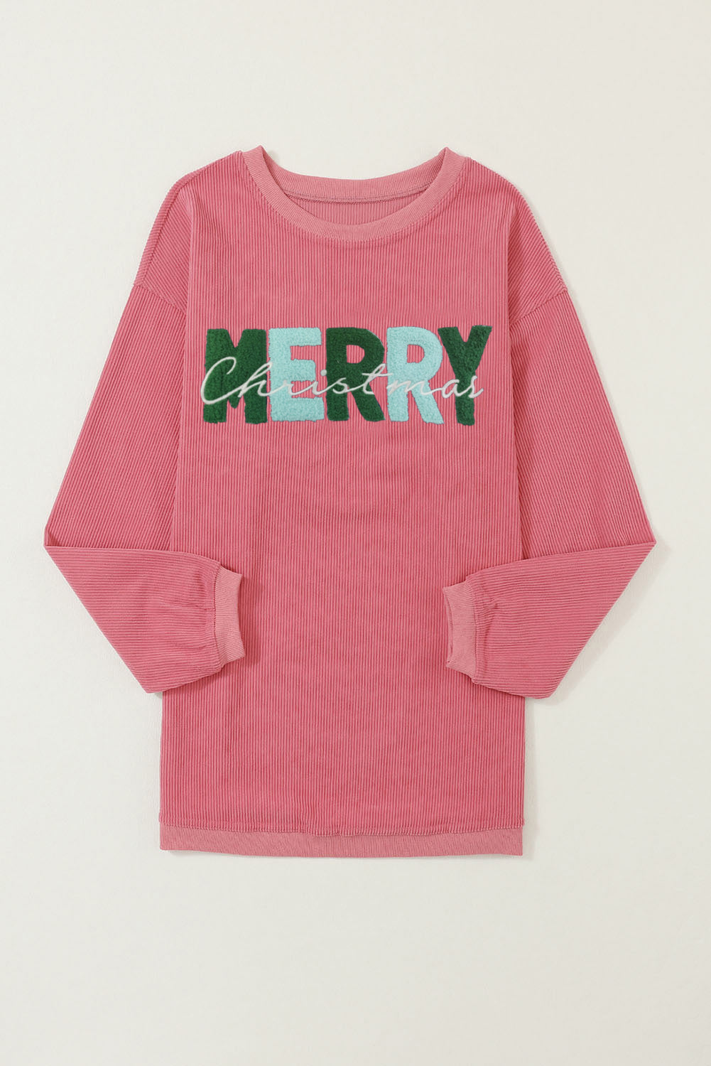 Strawberry Pink Merry Christmas Chenille Embroidered Corded Sweatshirt