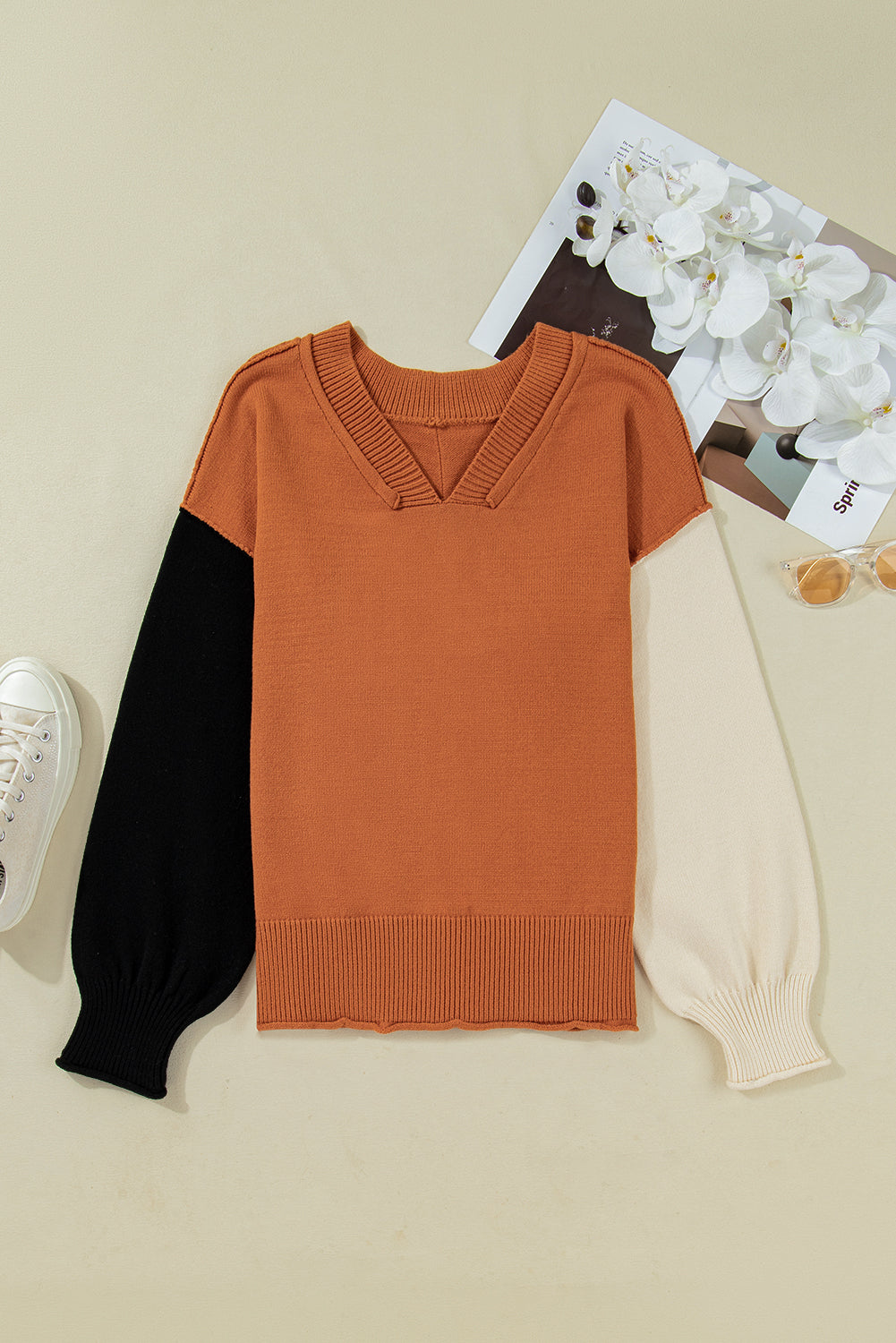 Desert Gold Colorblock Raw Edge Bubble Sleeve V-Neck Sweater