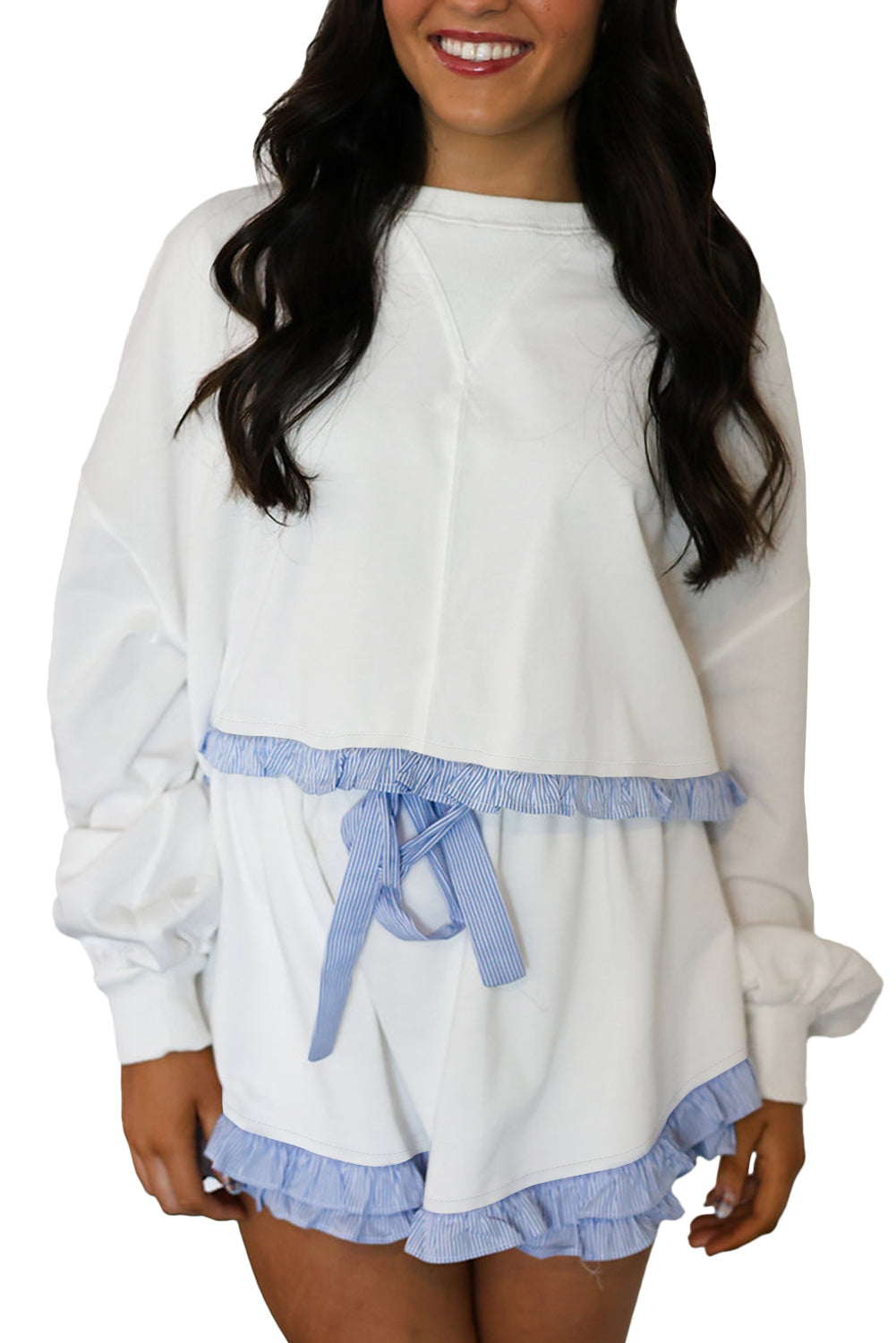 White Striped Ruffle Hem Long Sleeve Pullover and Shorts Set