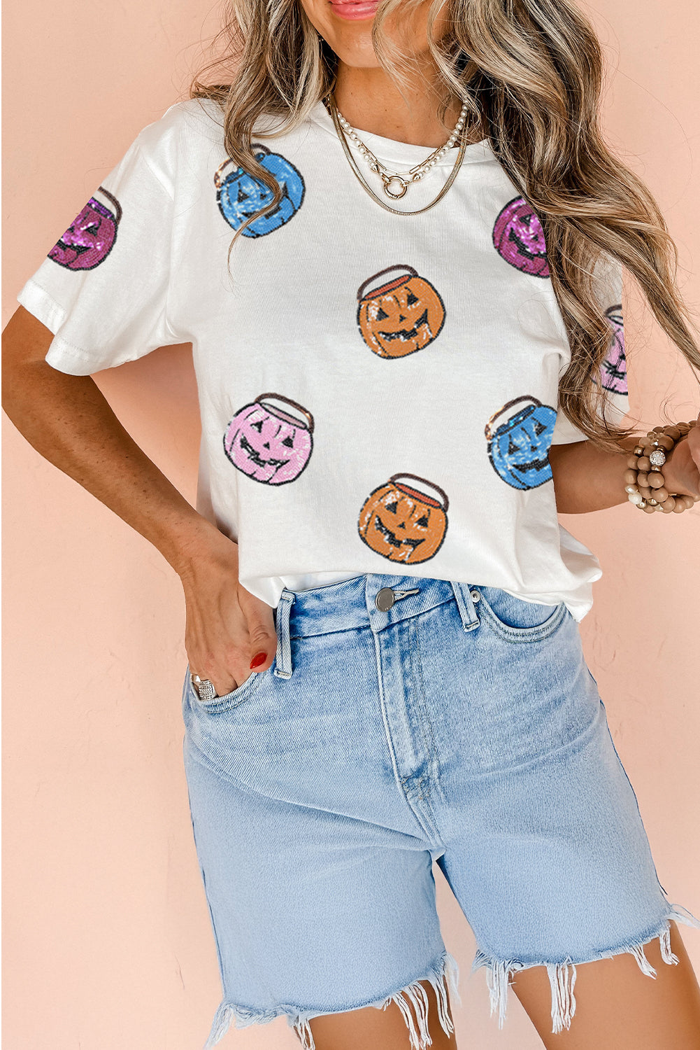 White Sequin Pumpkin Face Patched Crew Neck Holiday T-Shirt