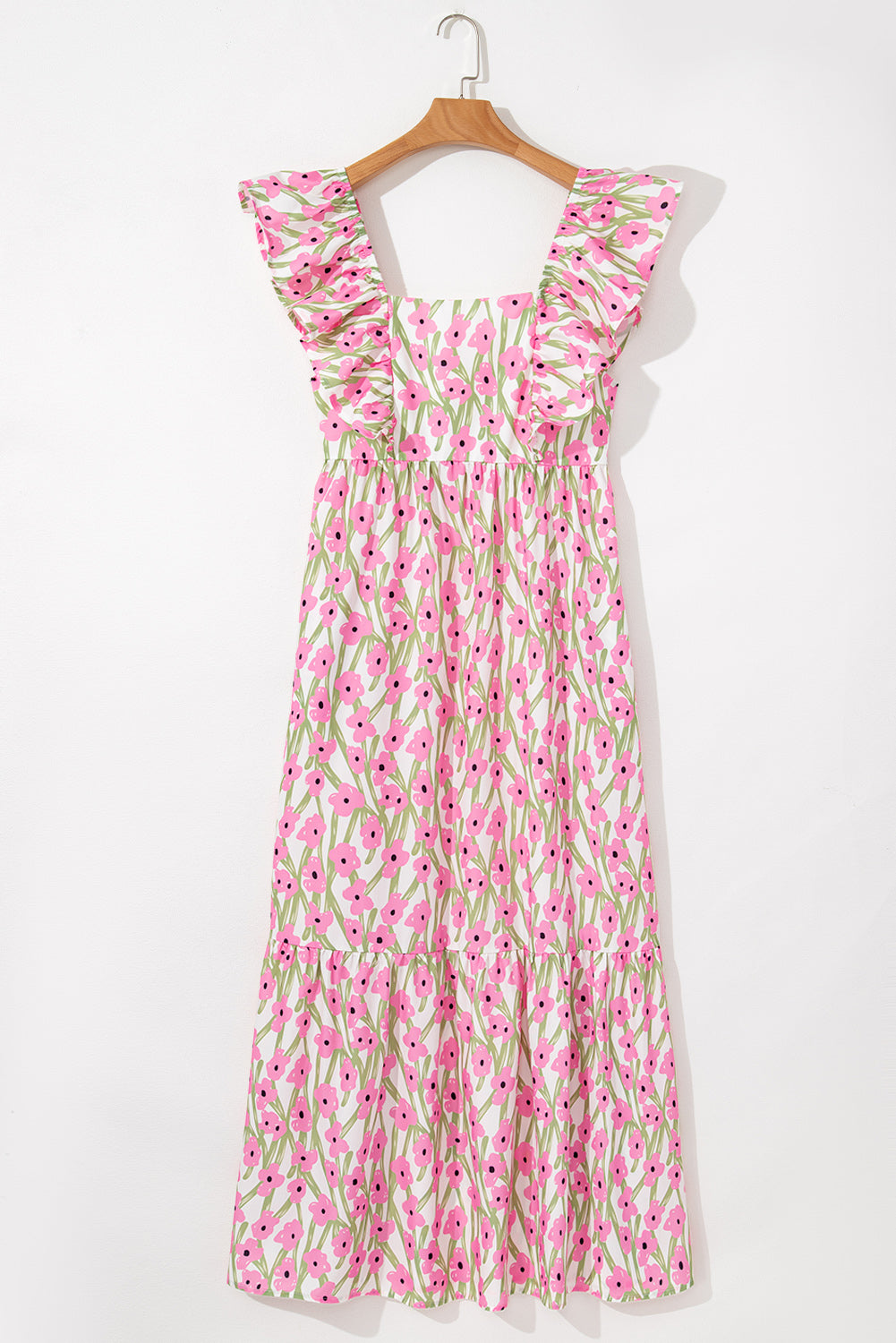 Pink Floral Ruffle Strap Maxi Dress – Cottagecore Square Neckline