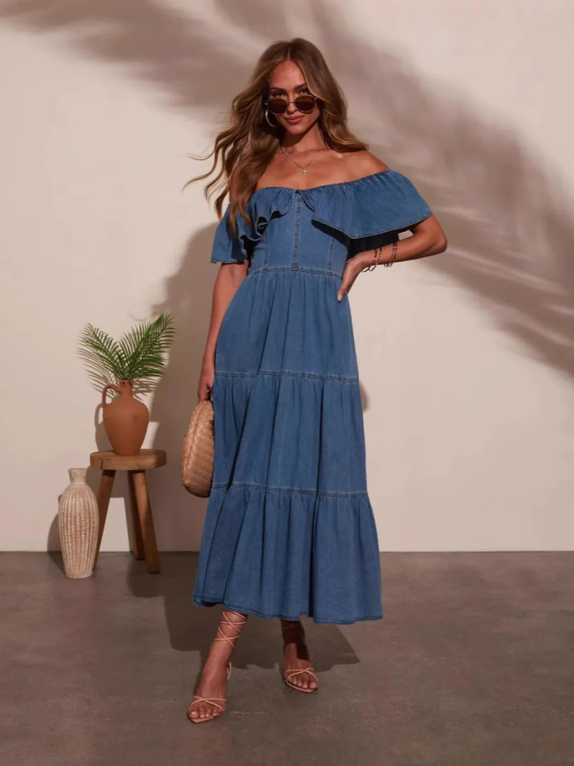 Off-Shoulder Tiered Denim Midi Dress with Pockets Strat City Shop Off-Shoulder Tiered Denim Midi Dress with Pockets Strat City Shop