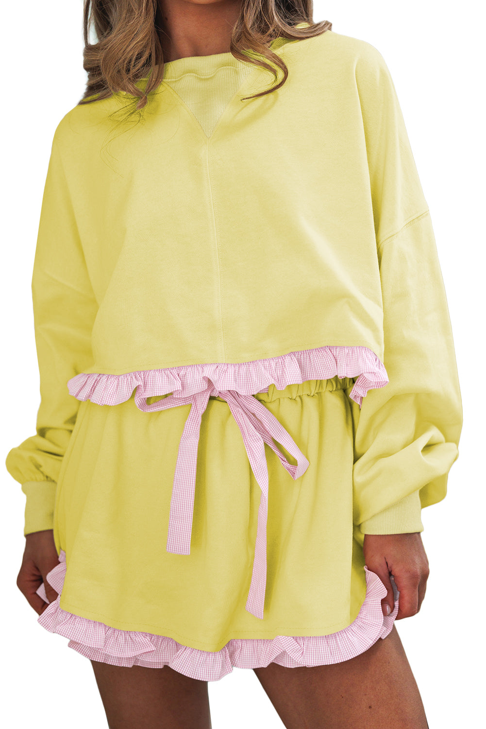 Yellow Gingham Ruffle Hem Long Sleeve Pullover and Shorts Lounge Set