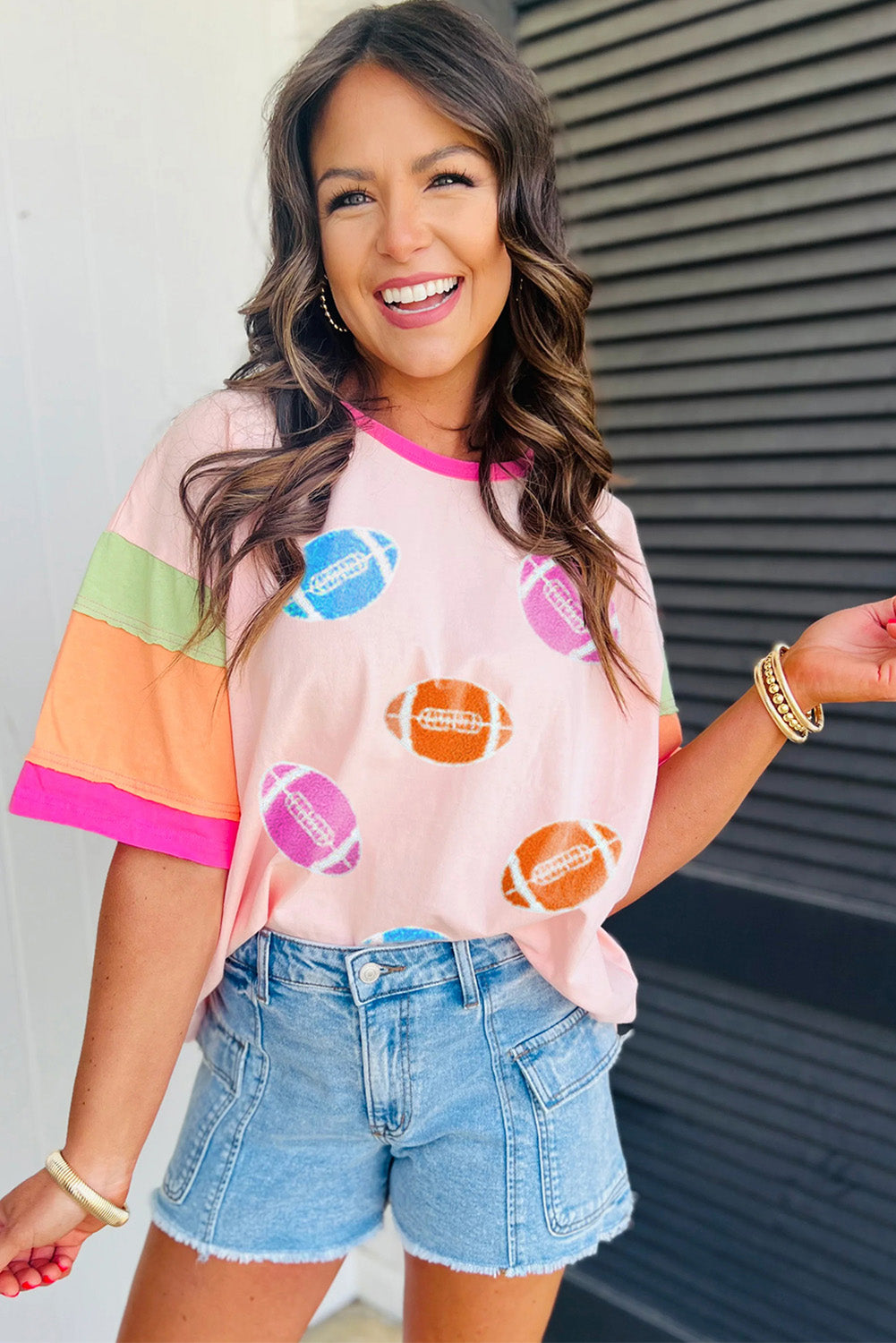 Pink Football Chenille Embroidered Color Block Half Sleeve T-Shirt
