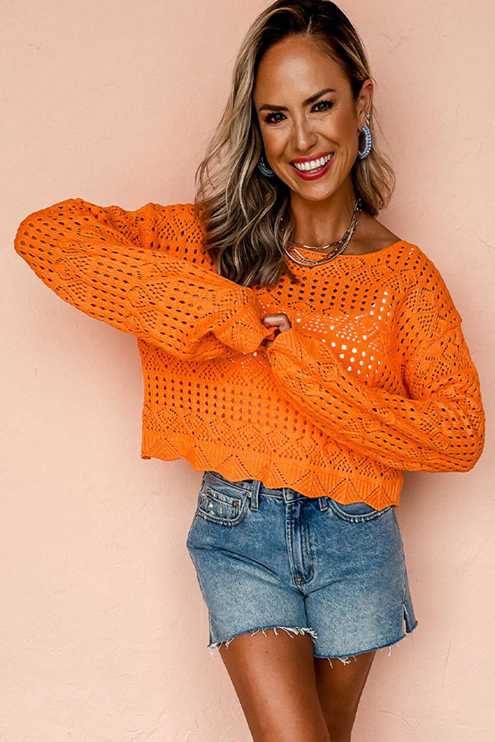 Carrot Orange Solid Color Crochet Scallop Edge Sweater