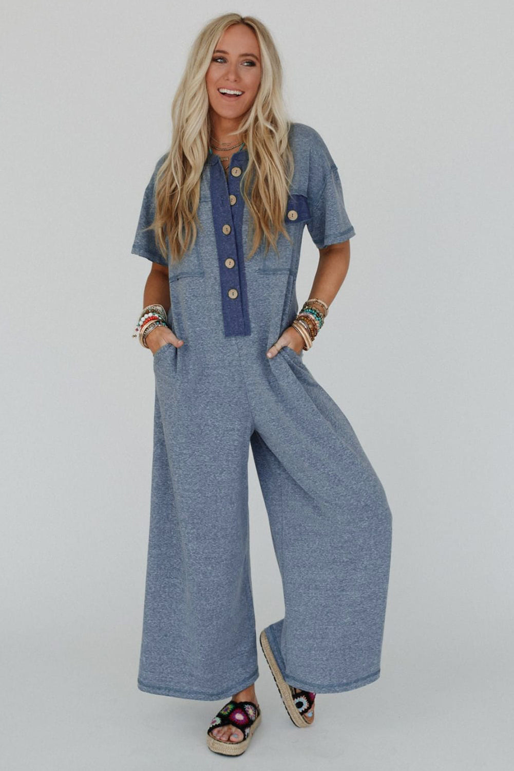 Denim Blue Patchwork Short Sleeve Jumpsuit with Pockets