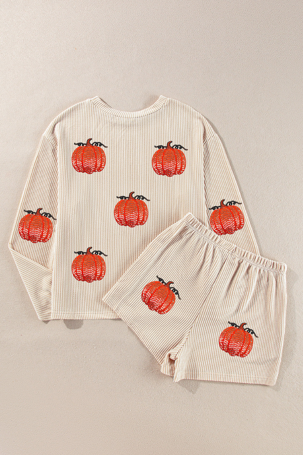 Twisted Rib Sequin Pumpkin Patched Long Sleeve Pullover and Shorts Set
