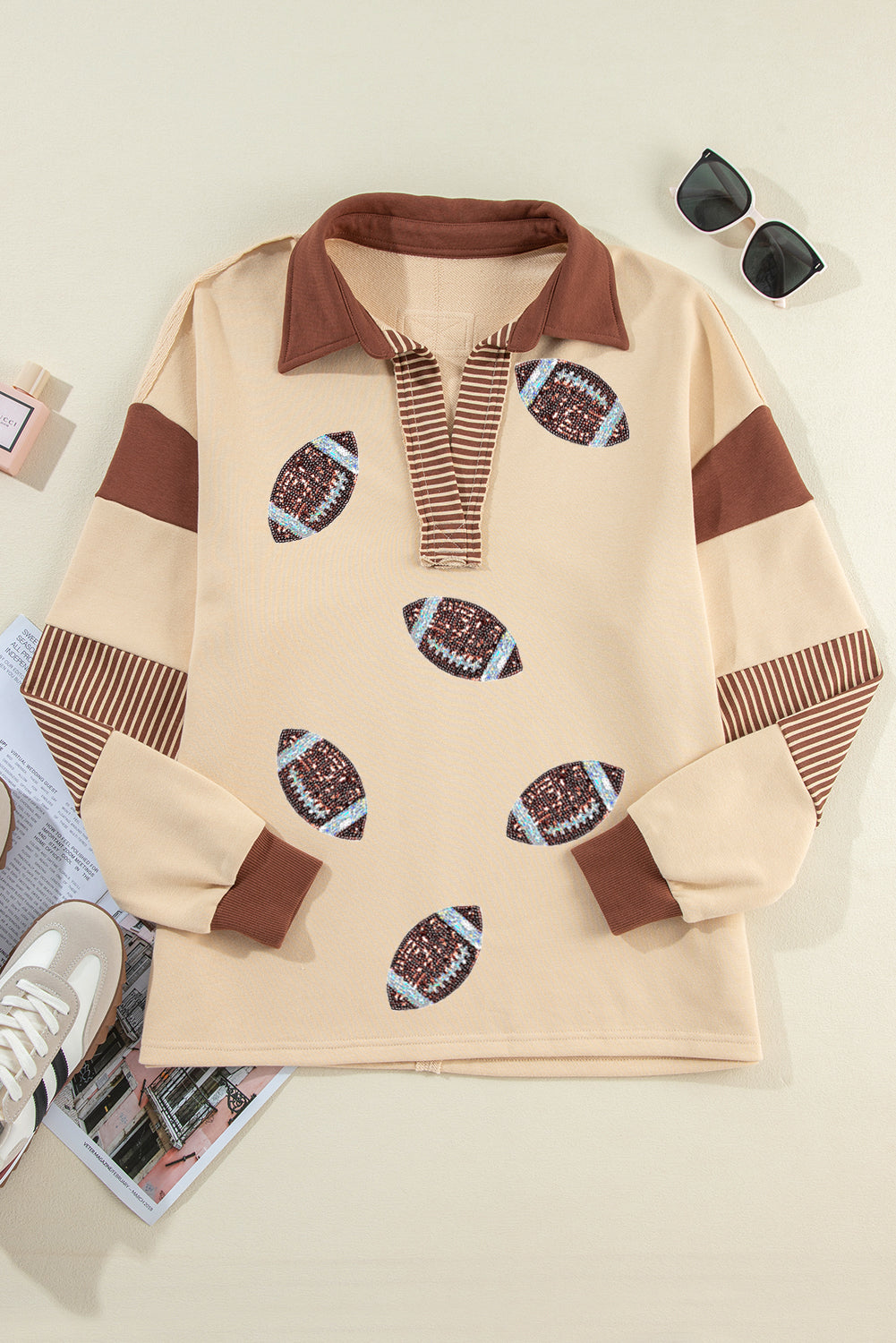 Light French Beige Football Sequins Patch Striped Patchwork Polo Sweatshirt