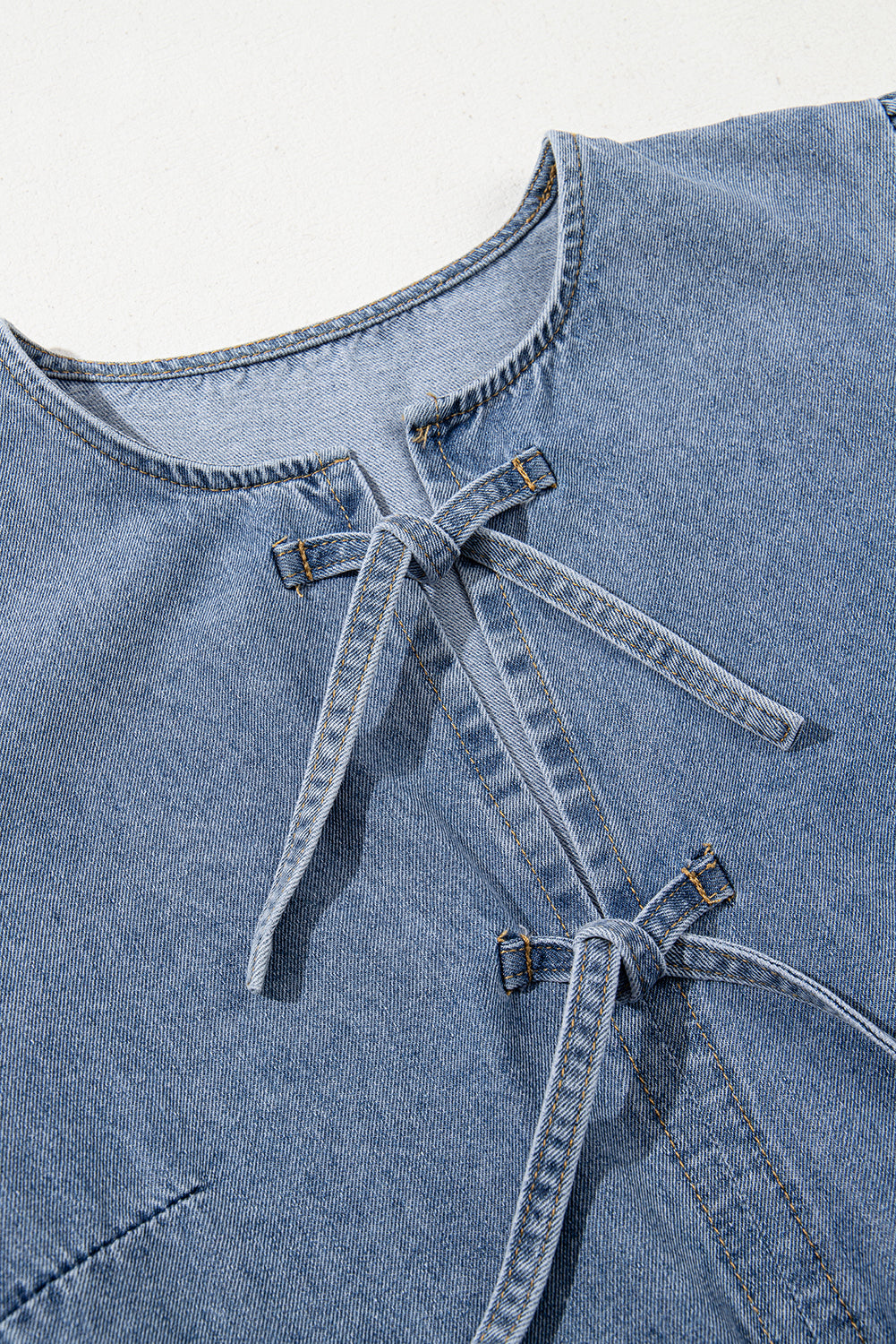 Bow Front Puff Sleeve Denim Babydoll Dress