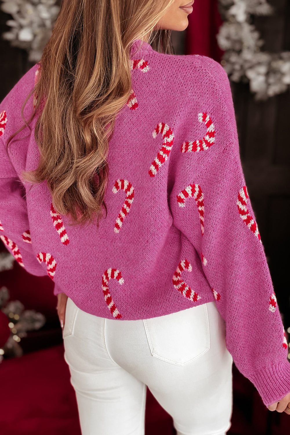 Pink Christmas Candy Cane Holiday Drop Shoulder Sweater