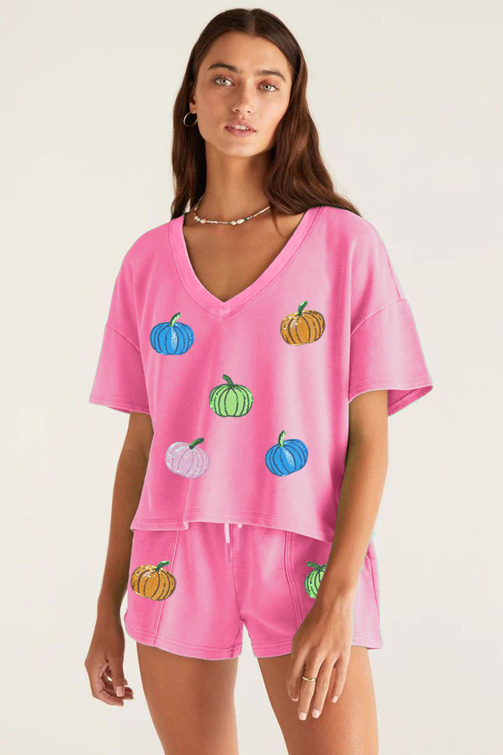 Pink Sequin Halloween Pumpkin Pattern V-Neck Tee and Drawstring Shorts Set