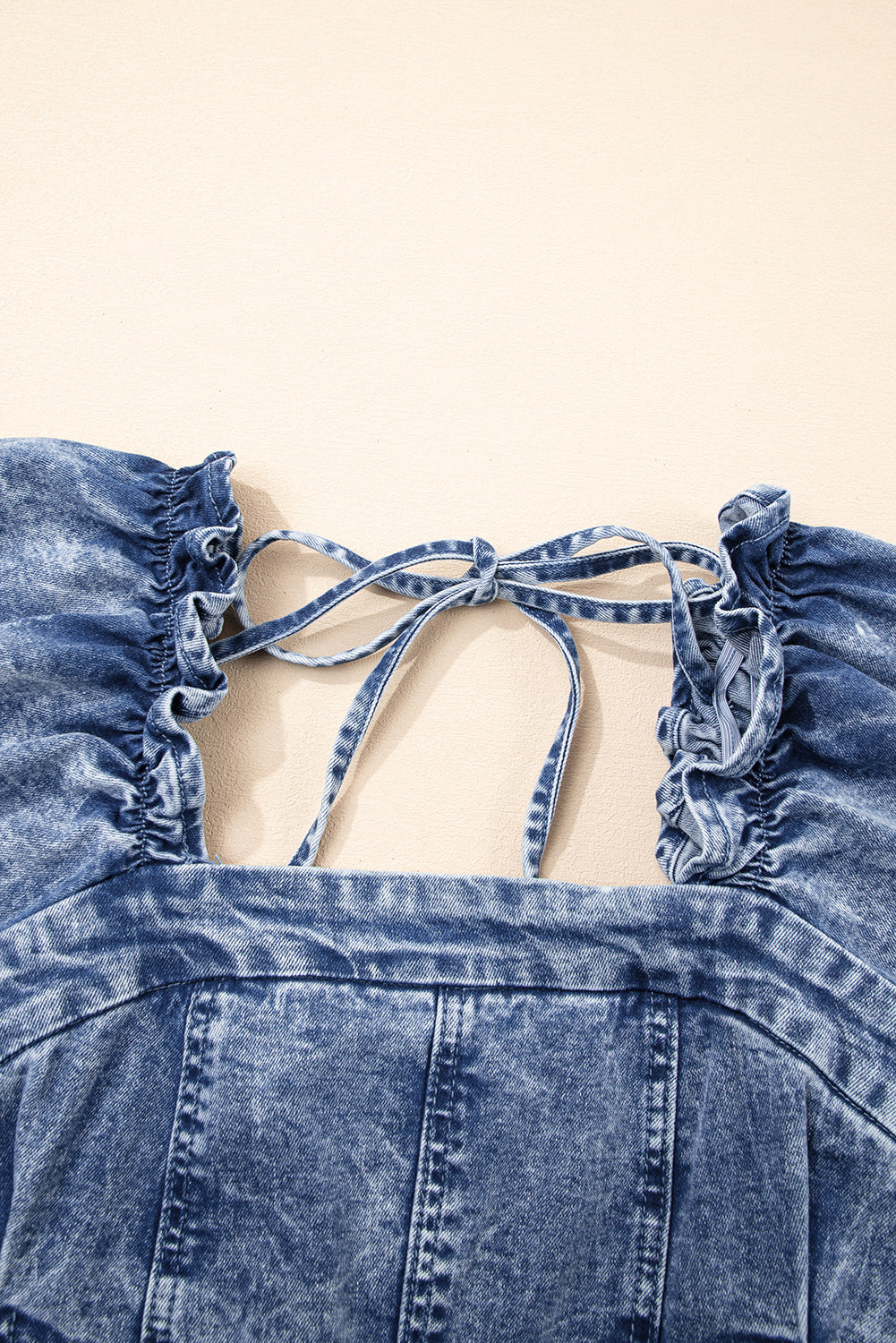 Square Neck Ruffle Trim Backless Puff Sleeve Denim Dress