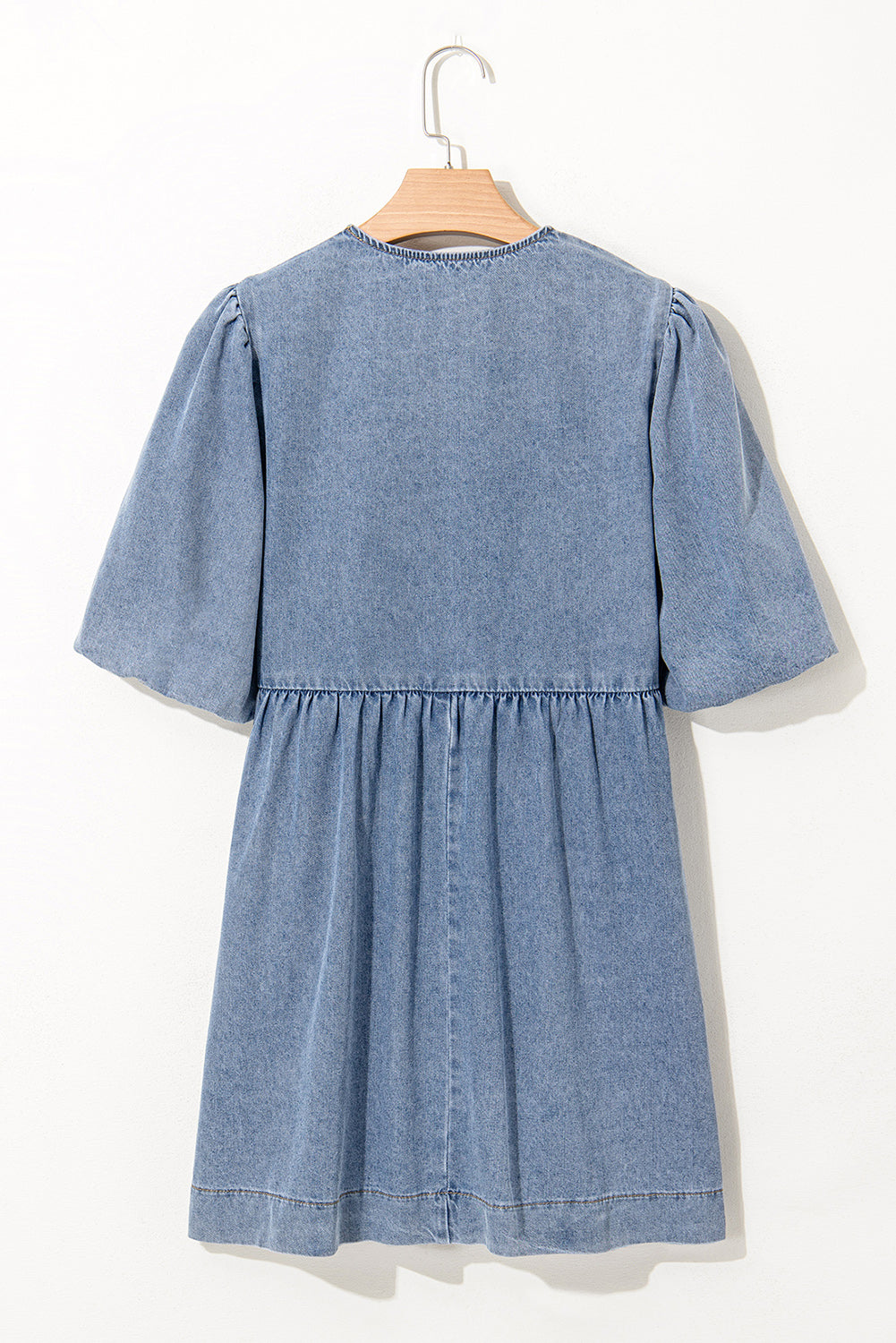 Bow Front Puff Sleeve Denim Babydoll Dress