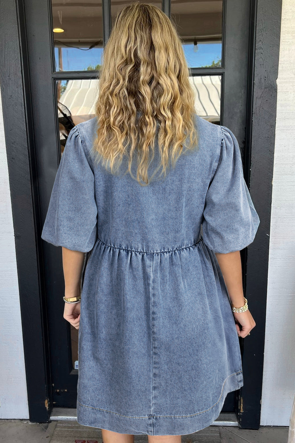 Bow Front Puff Sleeve Denim Babydoll Dress