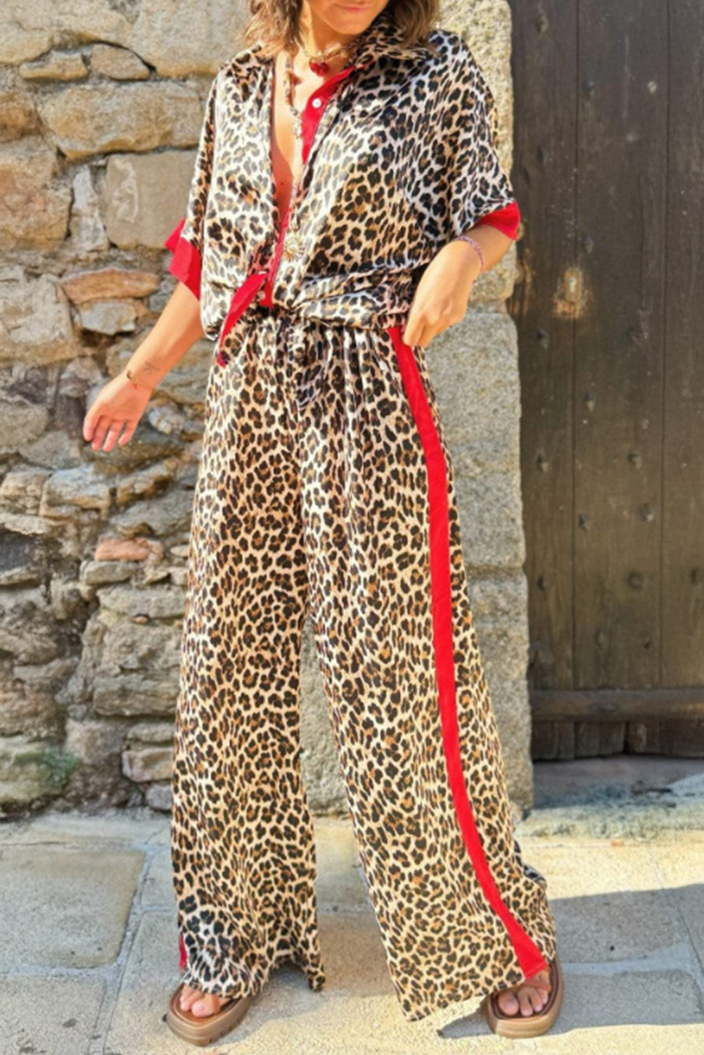 Bold Leopard Print Colorblock Short Sleeve Shirt & High-Waisted Pants Set
