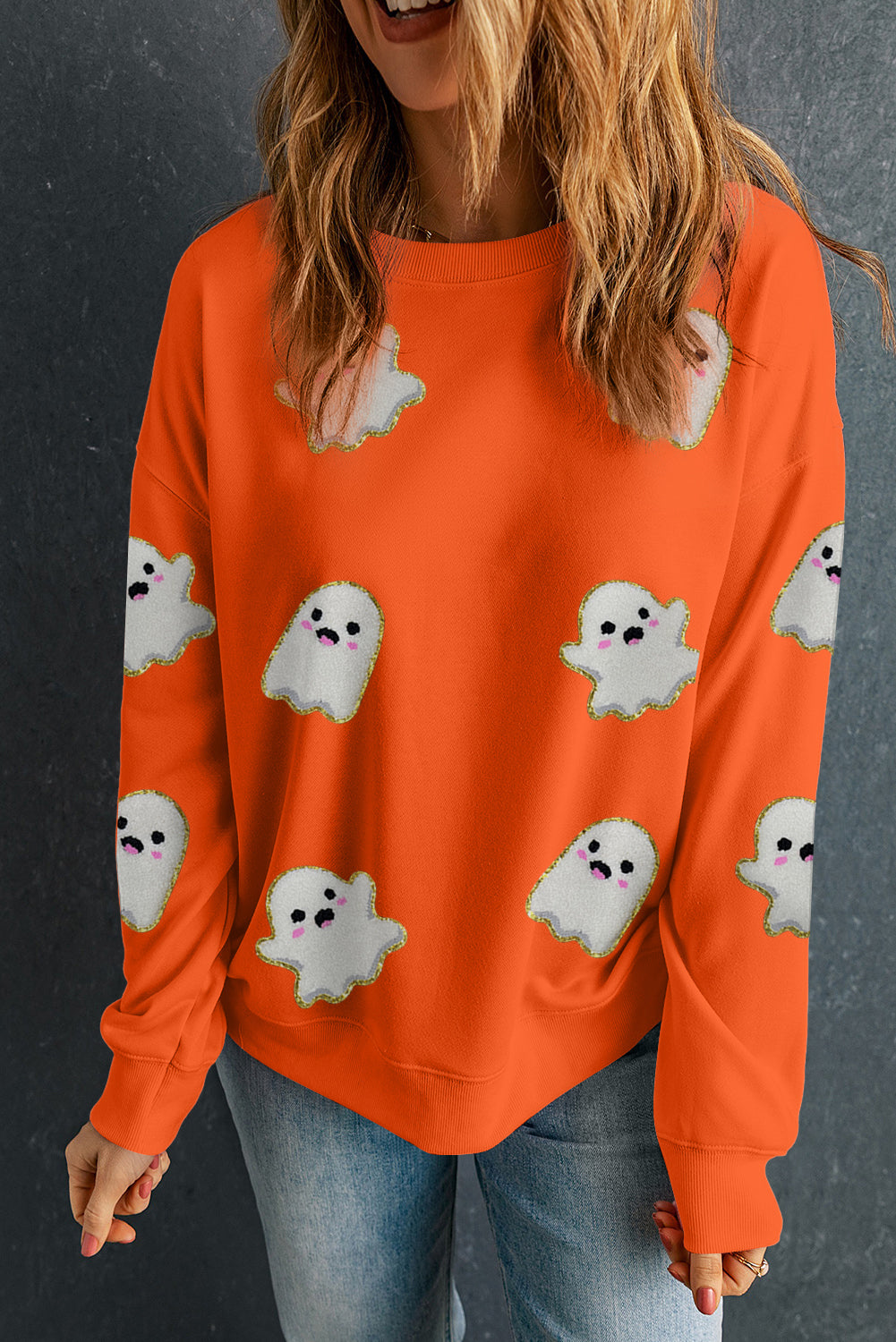 Orange Halloween Ghost Cute Patched Holiday Sweatshirt