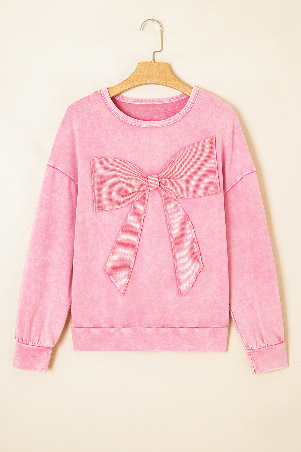 Waffle Knit Mineral Wash Pullover with Bow Detail