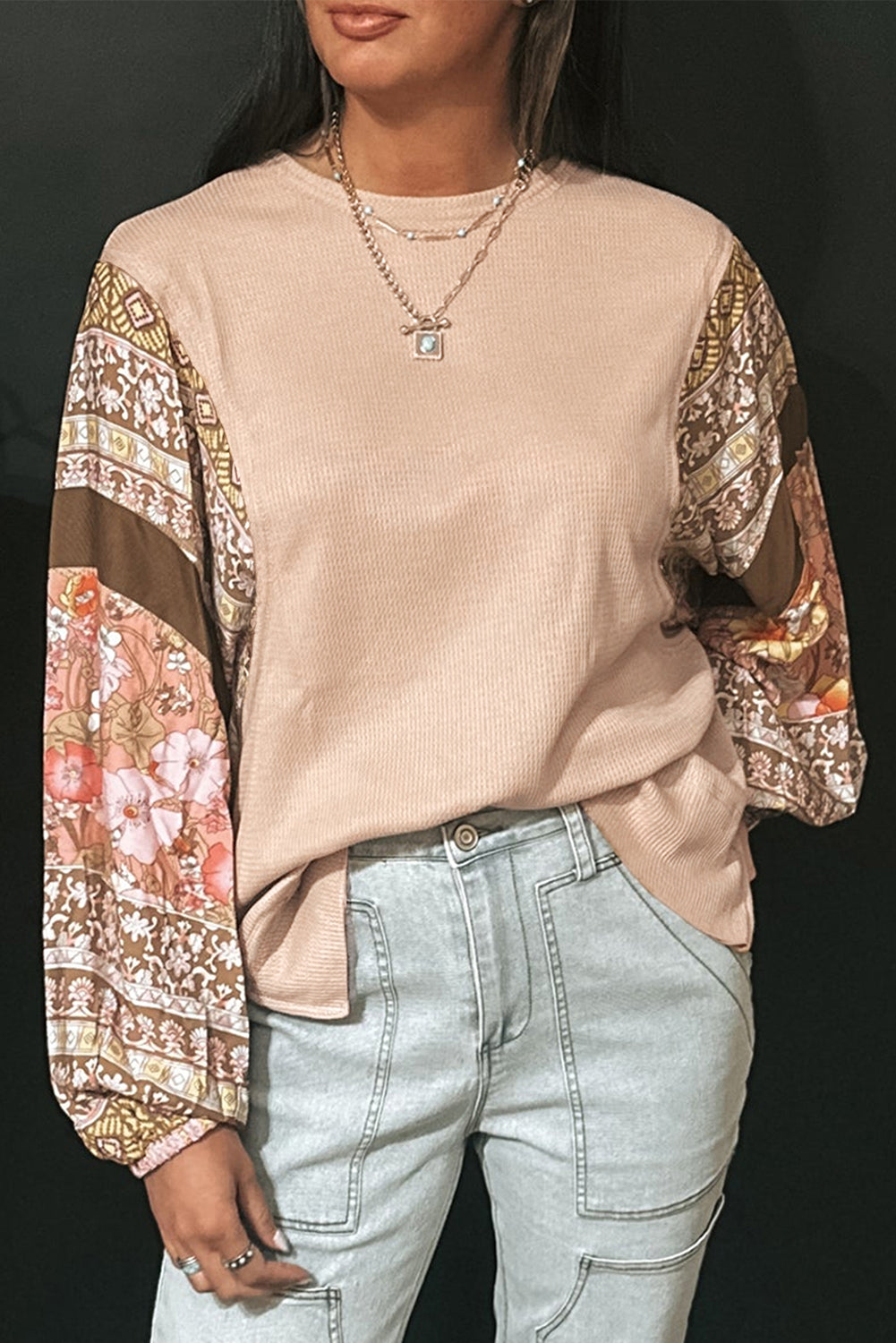 Floral Patchwork Puff Sleeve Waffle Knit Top