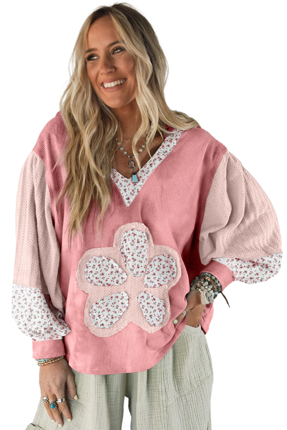 Pink Floral Textured Colorblock Patchwork Lantern Sleeve Hooded Top