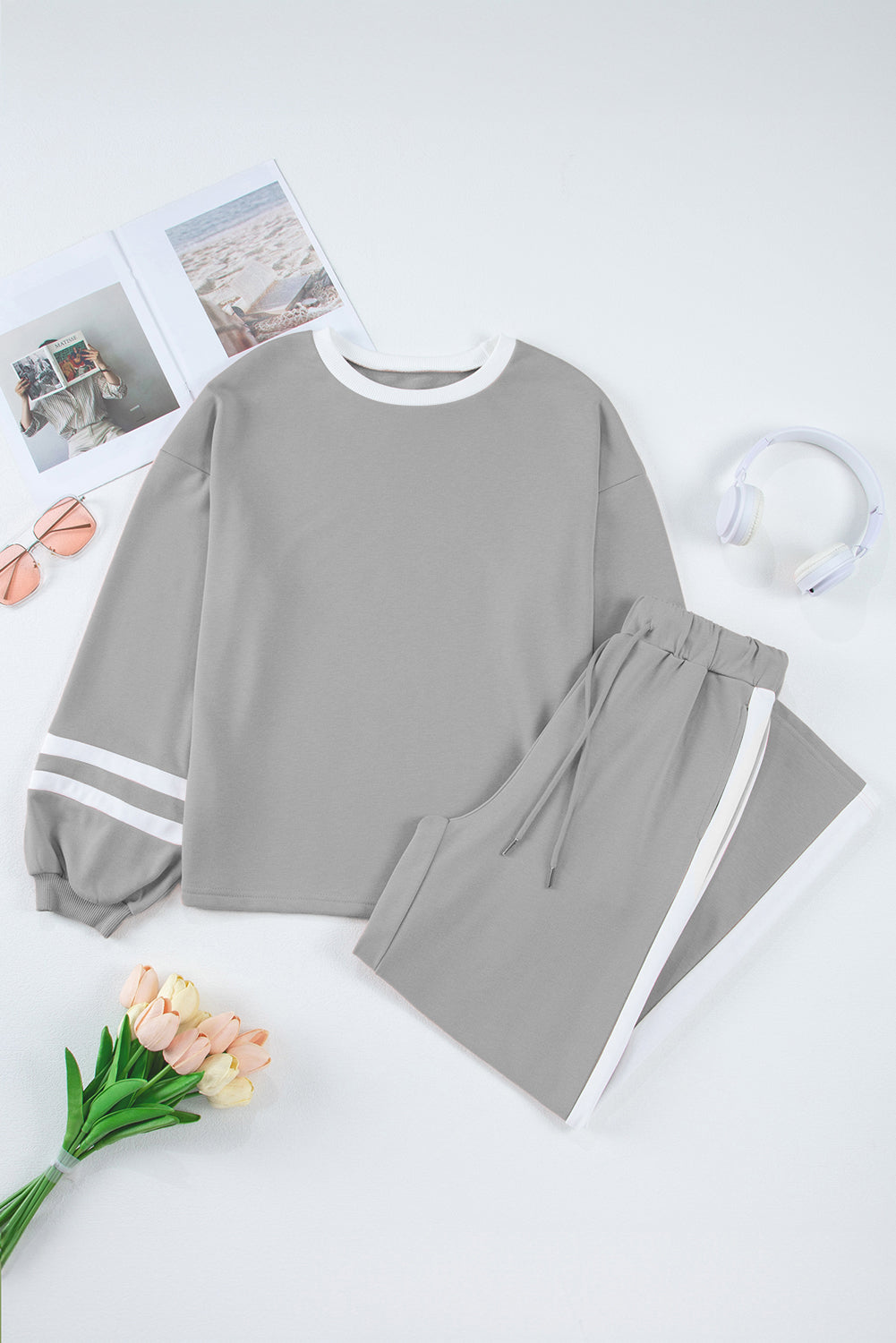 Gray Contrast Trim Long Sleeve Lounge Set