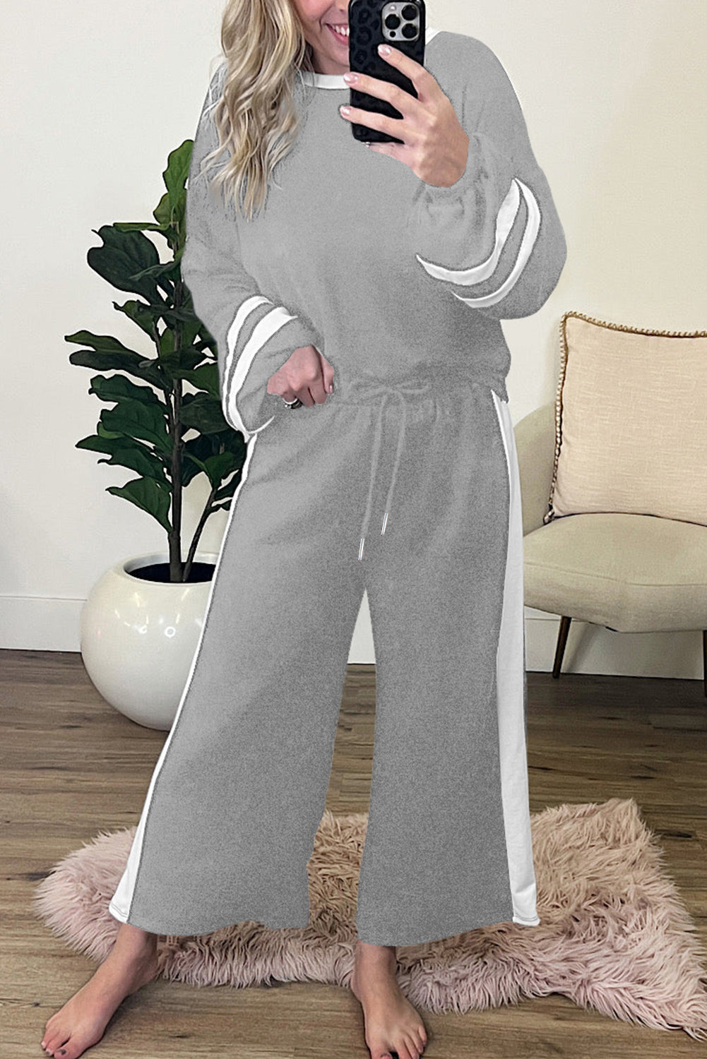 Gray Contrast Trim Long Sleeve Lounge Set