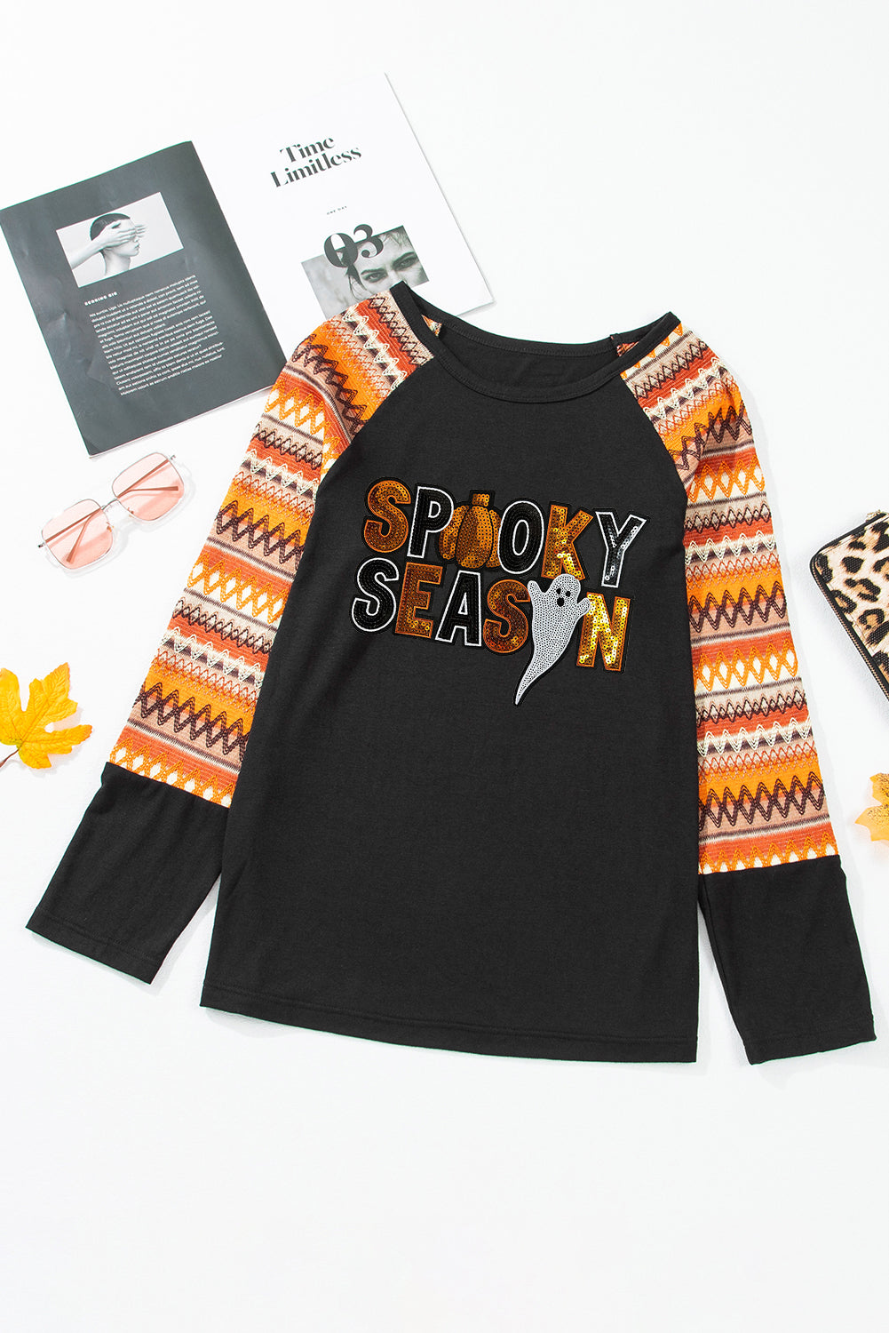 Orange Spooky Season Sequin Patched Contrast Long Sleeve Top