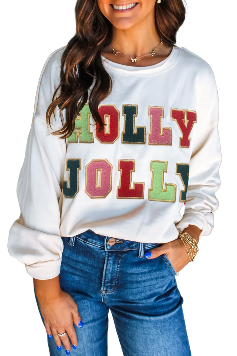 White Cream Collage Letter Christmas Pullover Sweatshirt