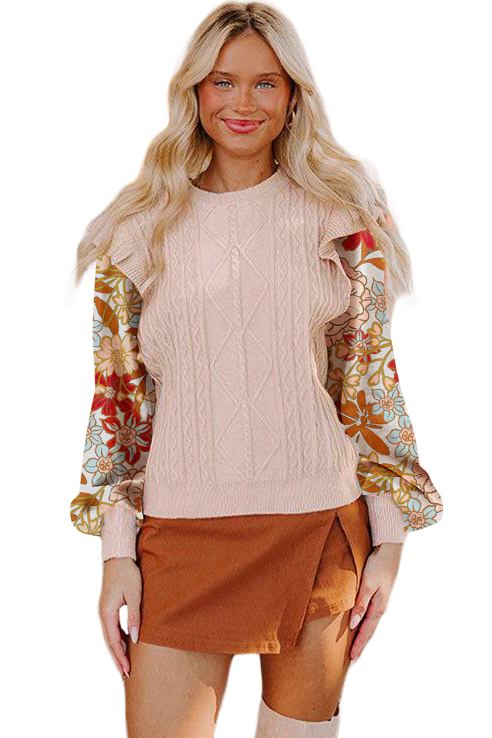 Cable Knit Ruffle Detail Contrast Floral Sleeve Patchwork Sweater