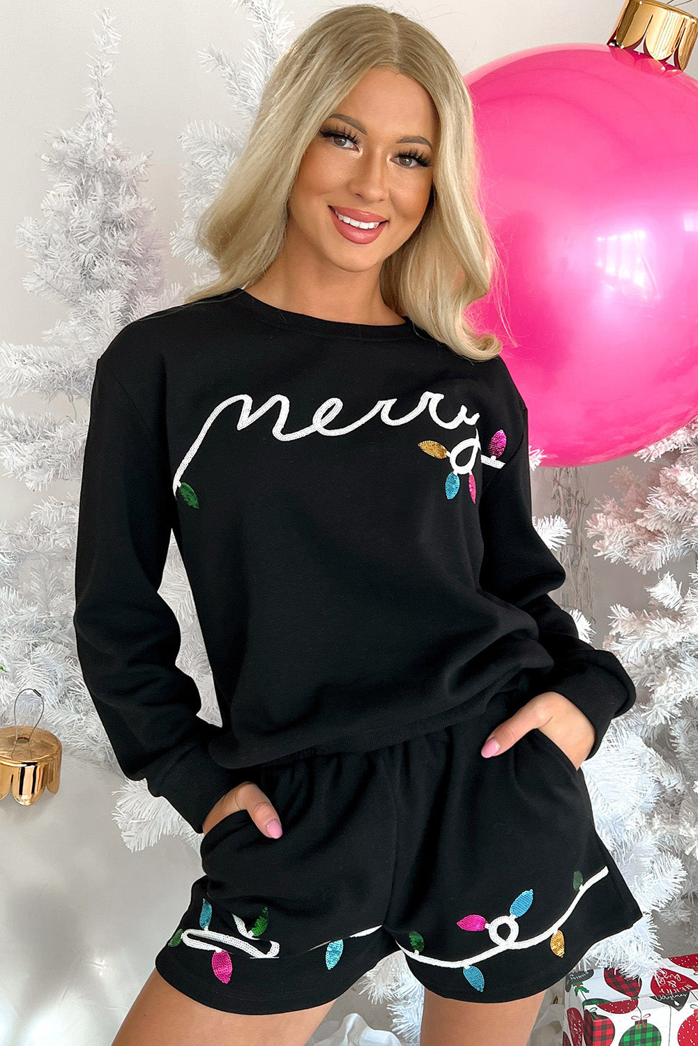Black Sequin Merry Graphic Pullover and Shorts Set