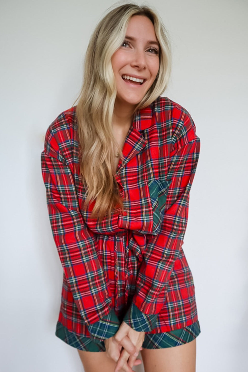 Red Plaid Christmas Holiday Long Sleeve Shirt and Shorts Pajama Set
