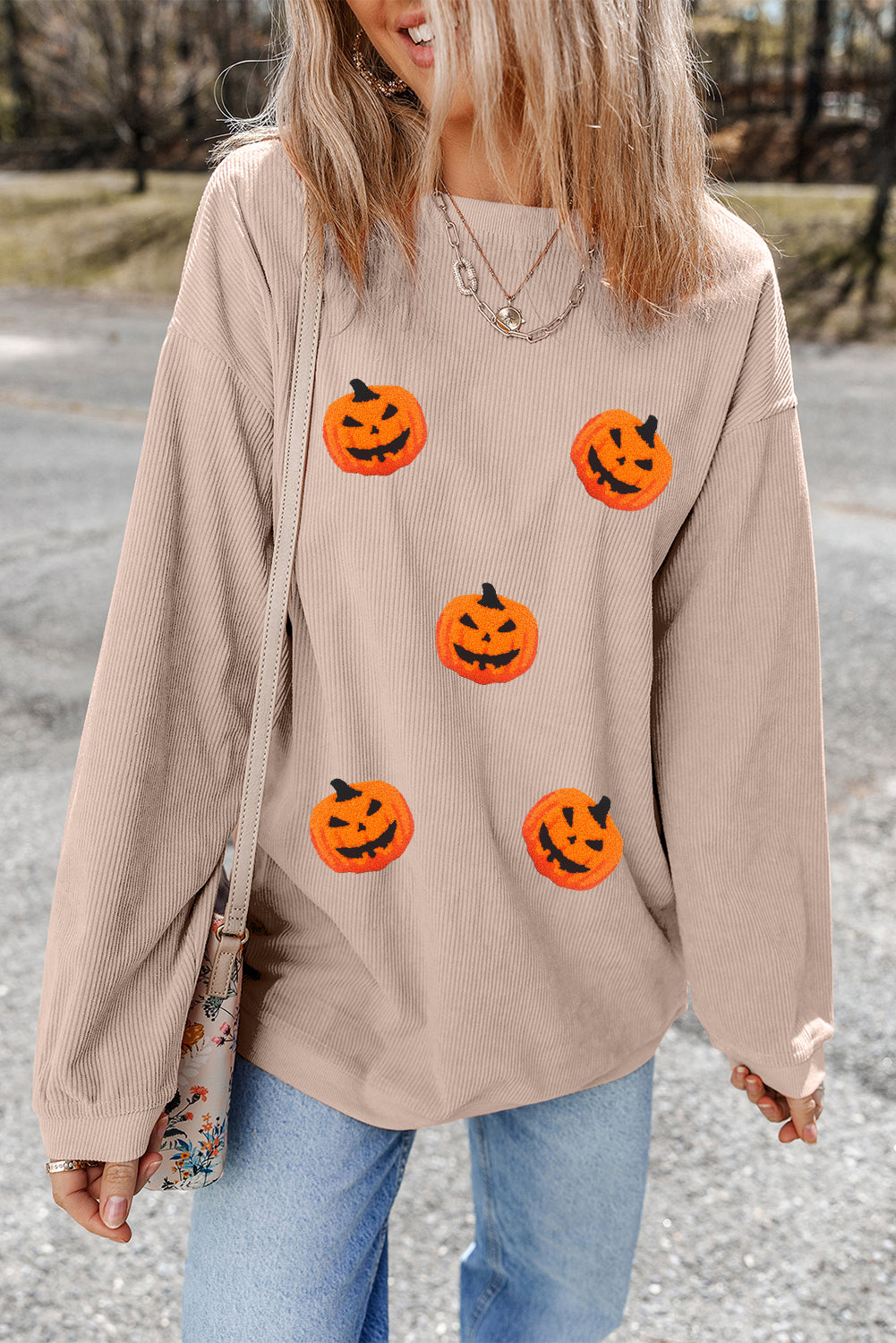 Twisted Rib Chenille Halloween Pumpkin Patched Graphic Sweatshirt