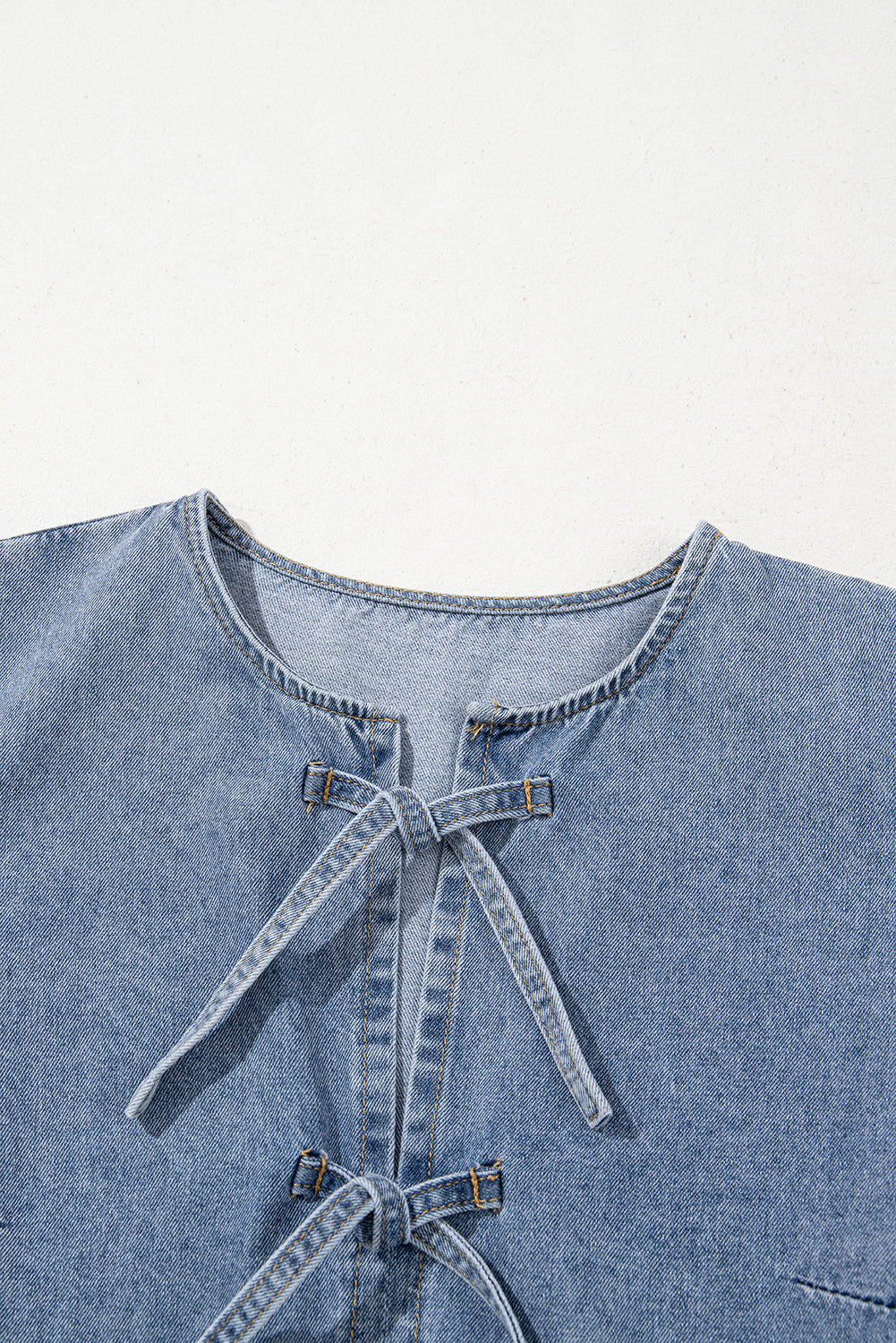 Bow Front Puff Sleeve Denim Babydoll Dress