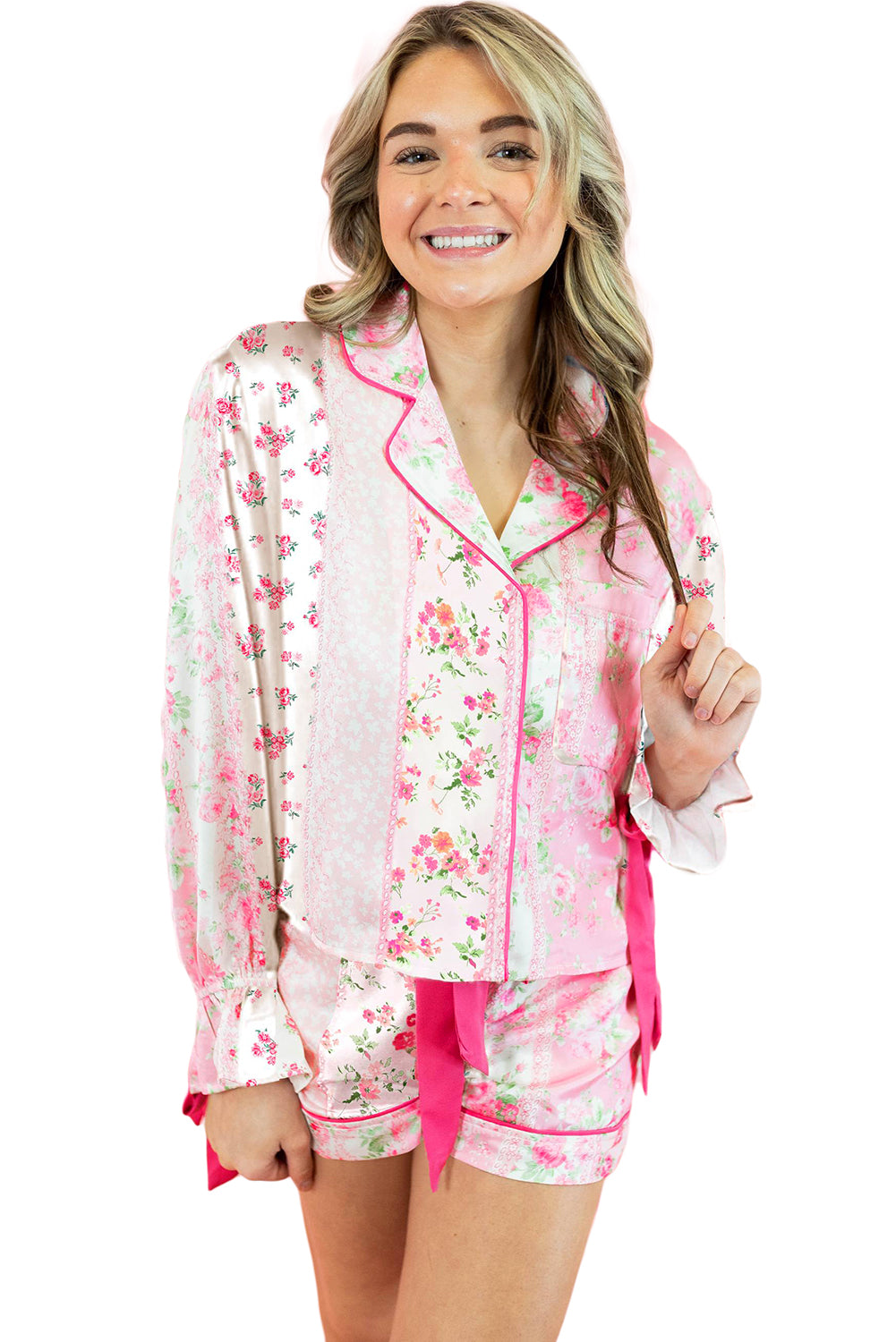 Mixed Floral Print Contrast Piping Trim Satin Tie Pajama Set