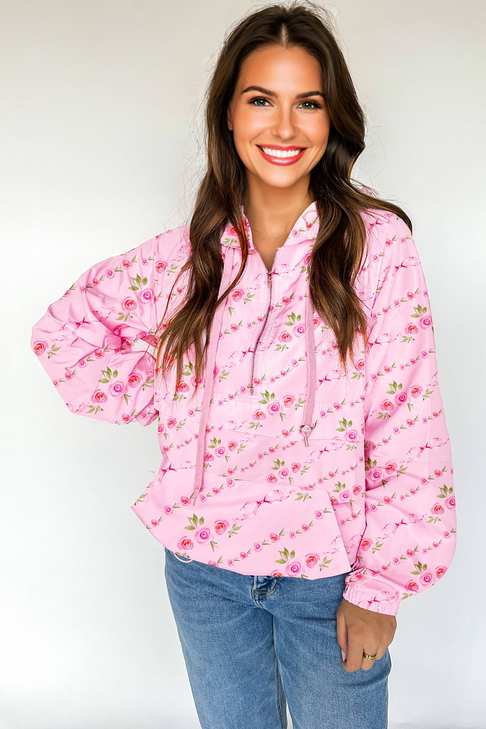 Pink Floral Print Half Zip Drawstring Hoodie
