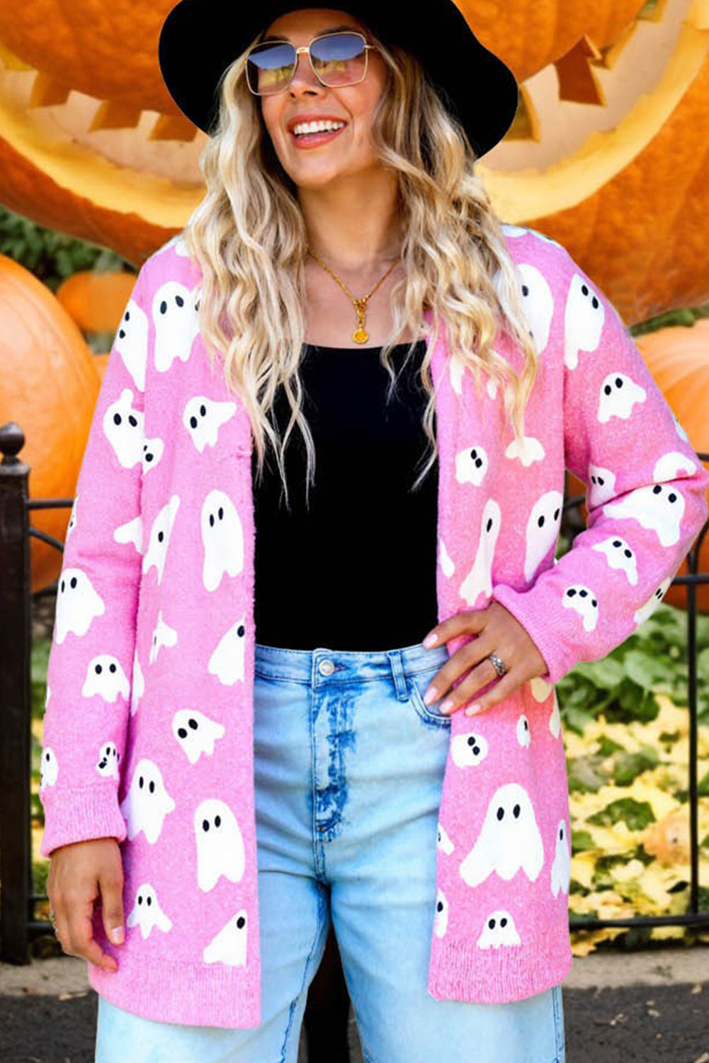 Pink Halloween Ghost Pattern Mid length Knitted Cardigan