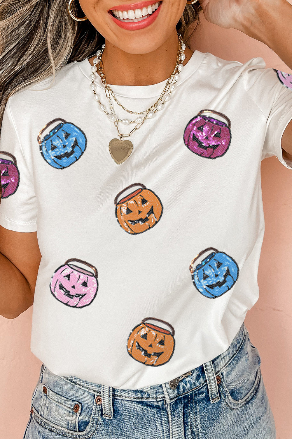 White Sequin Pumpkin Face Patched Crew Neck Holiday T-Shirt
