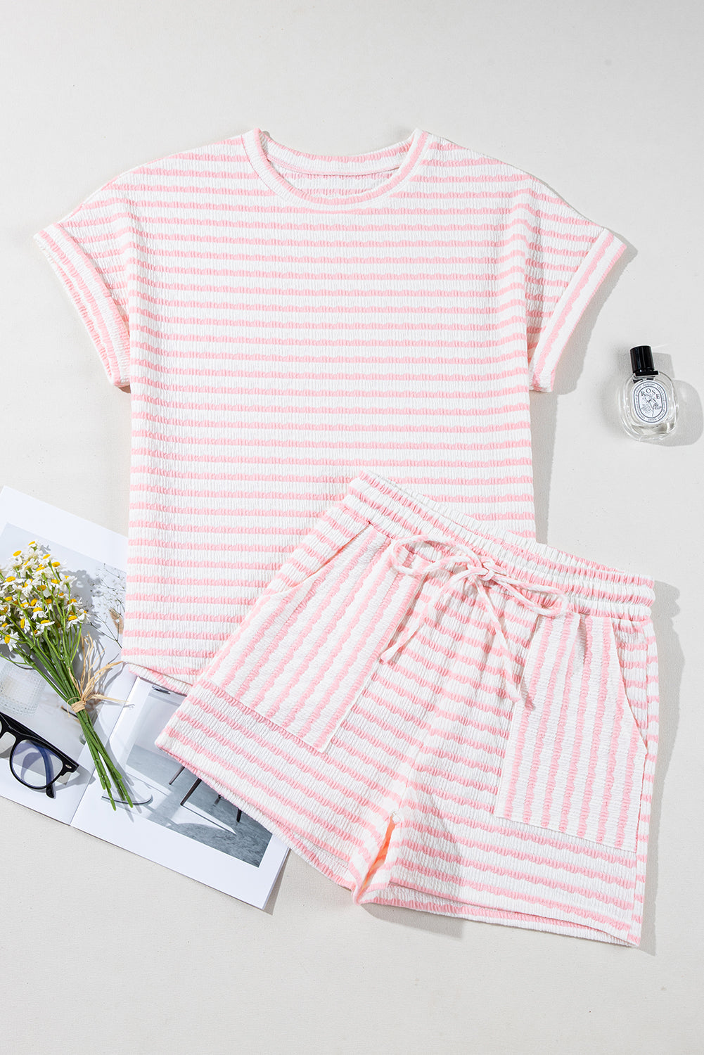 Pretty Pink Stripe Lounge Set – Top & Pocket Shorts