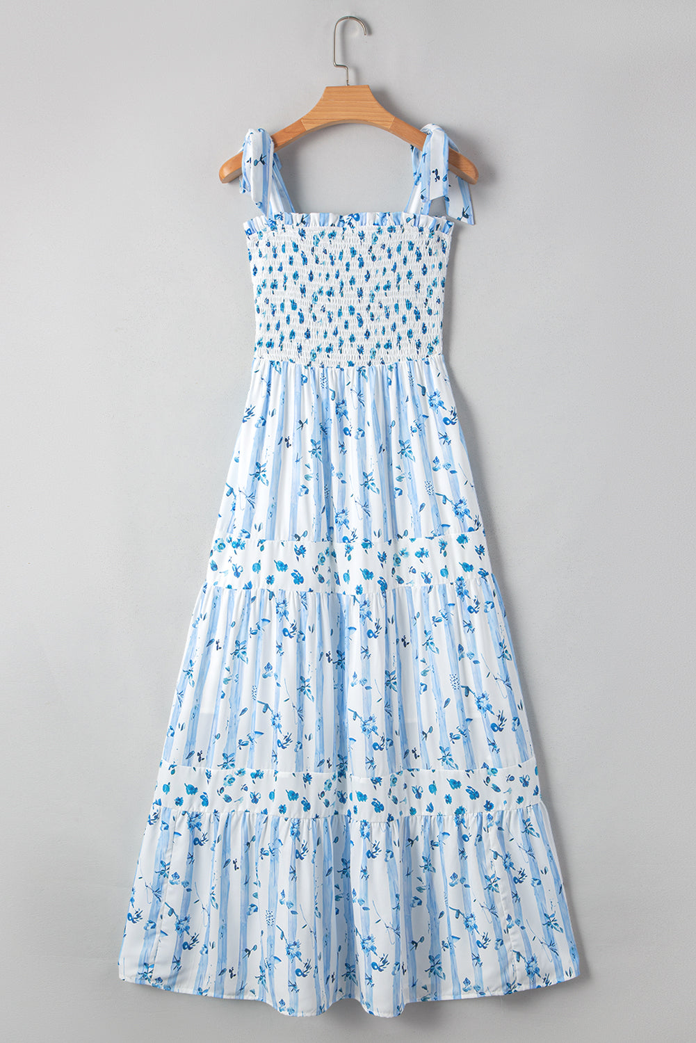 Boho Blue Floral Smocked Tie-Strap Maxi Dress