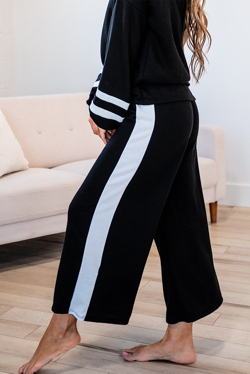 Black Contrast Trim Long Sleeve Lounge Set